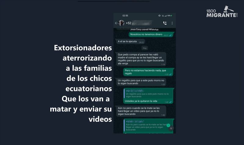 Chat en el que los presuntos secuestradores extorsionan a familiares de los desaparecidos.