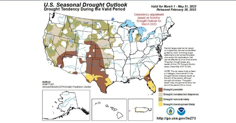 El mapa actualizado del Centro de Predicción Climática de Estados Unidos presenta cómo la sequía avanza desde Texas hacia el norte de México.