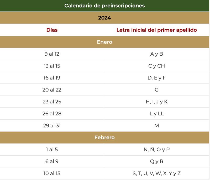 Calendario SEP Presinscripción