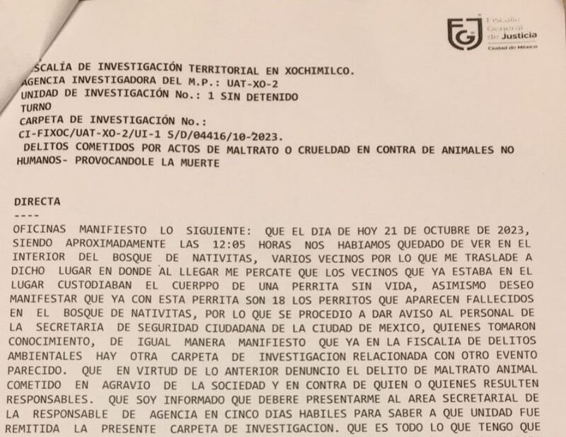 Denuncia en la Fiscalía de Investigación Territorial de Xochimilco.