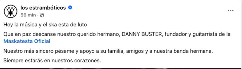 Condolencias por muerte de Danny Buster