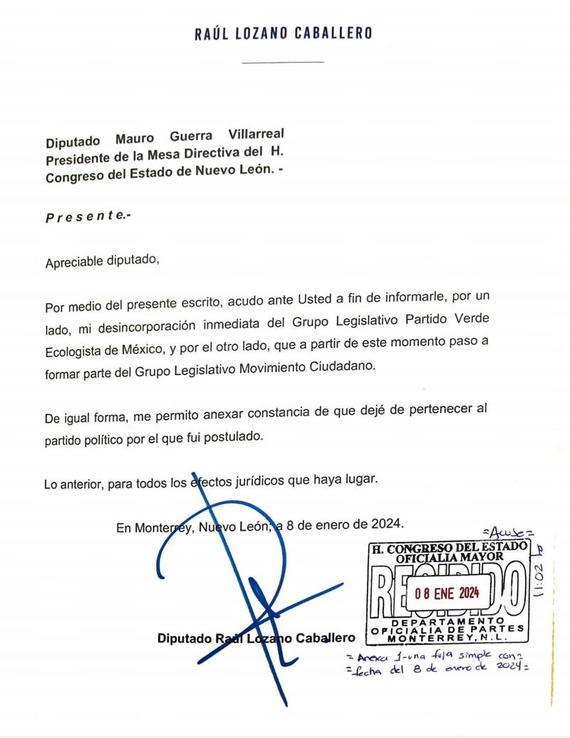 Lozano presentó su renuncia ante la presidencia del Congreso del estado.