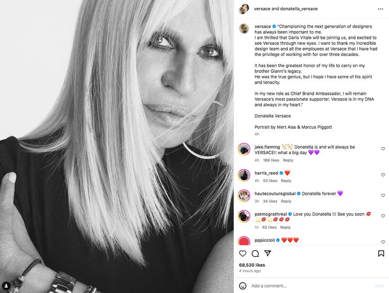 Comunicado de Donatella Versace en Instagram