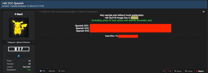 Publicación en la dark web en la que filtran miles de fotografías de mexicanos.