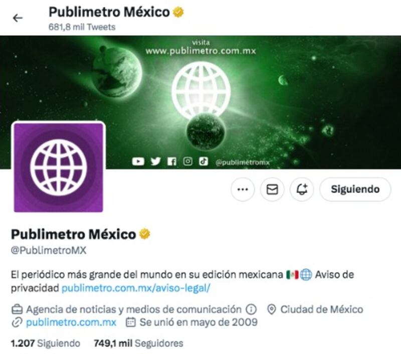 Publimetro México tiene su cuenta de Twitter verificada con la insignia dorada