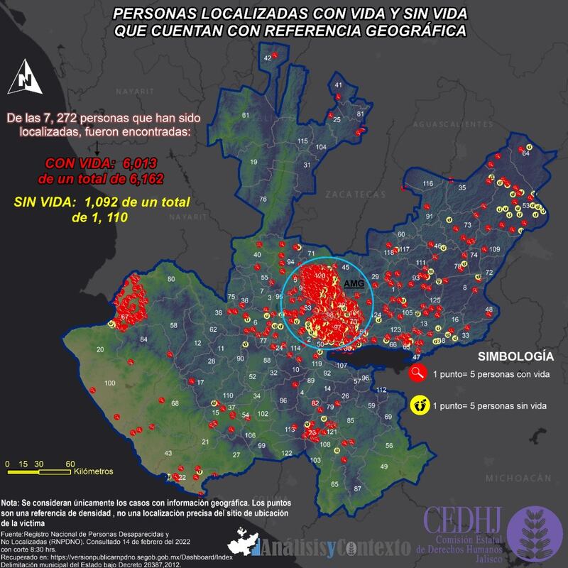 Mapa estadístico de desaparecidos en Jalisco, organizado por la CEDHJ.