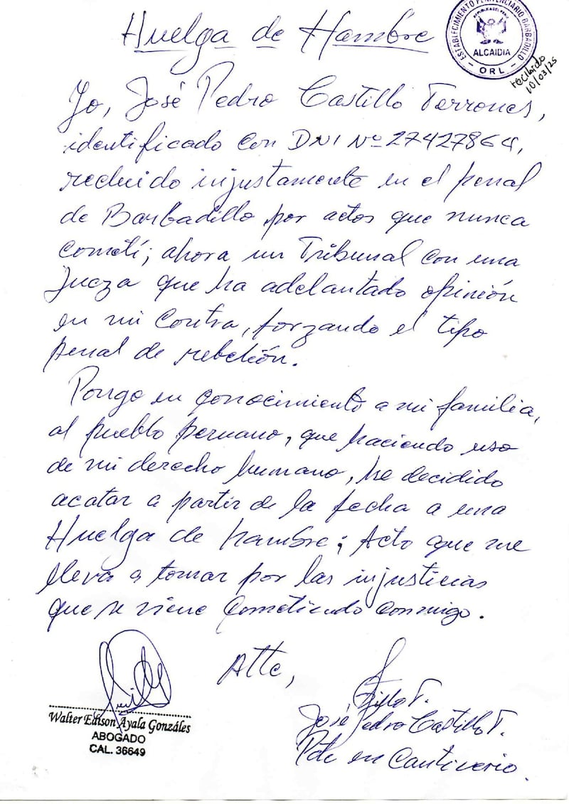 Pedro Castillo, expresidente de Perú, se delcara en huelga de hambre