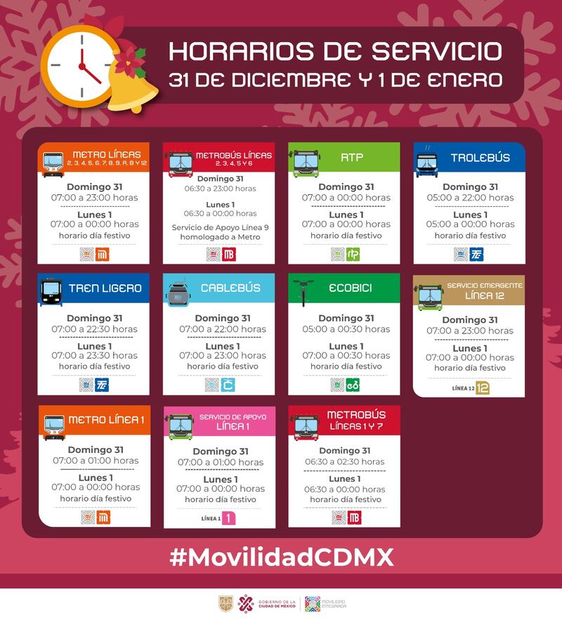 Horarios del Transporte el 31 de diciembre y 1 de enero.