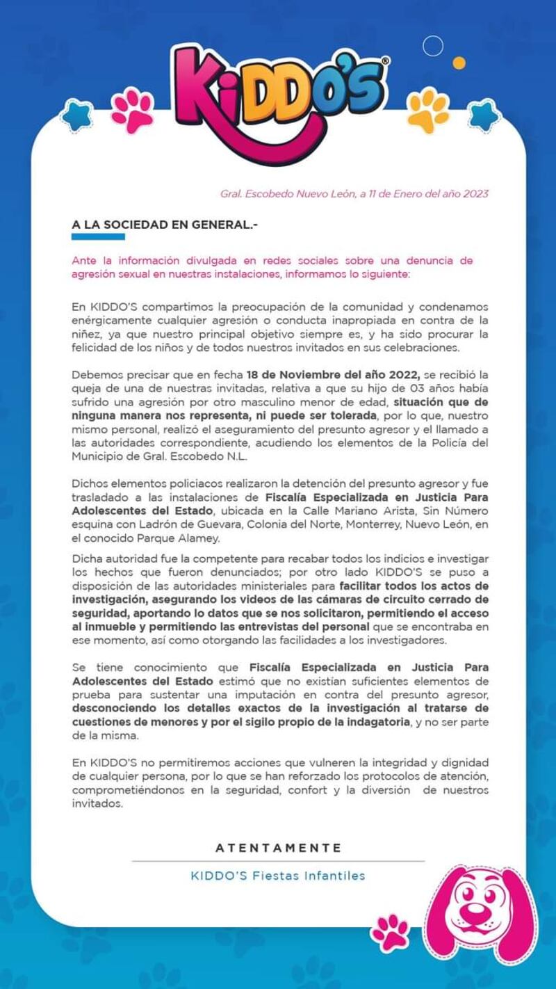 El salón de fiestas emitió un comunicado en el que señala que la Fiscalía no encontró elementos para sustentar una imputación contra el presunto agresor.