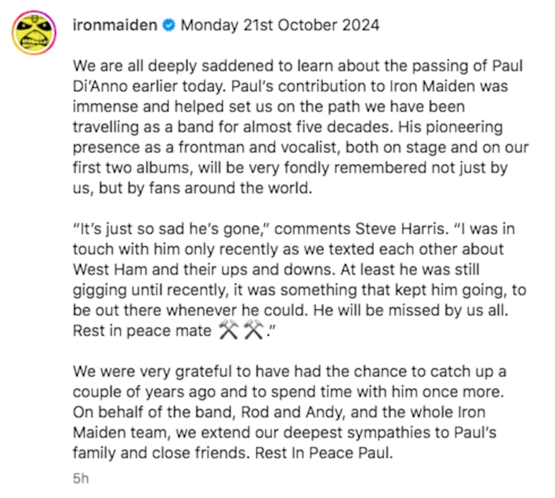 Comunicado de Iron Maiden en Instagram sobre el fallecimiento de Paul Di'Anno