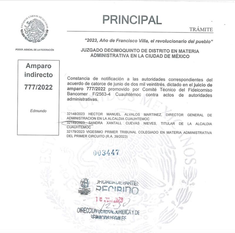 Acuse de notificación a autoridades de la alcaldía Cuauhtémoc.