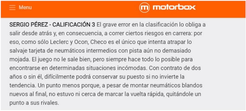 El portal italiano Motor Box detrozó a 'Checo' calficándolo con 3 durante el GP de Silverstone.  Imagen: captura de pantalla.