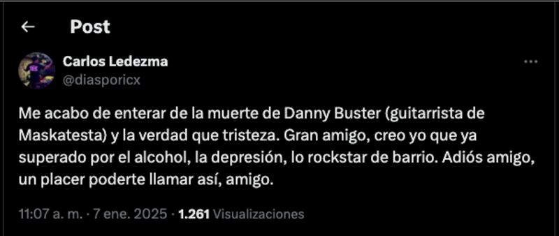 Condolencias por muerte de Danny Buster