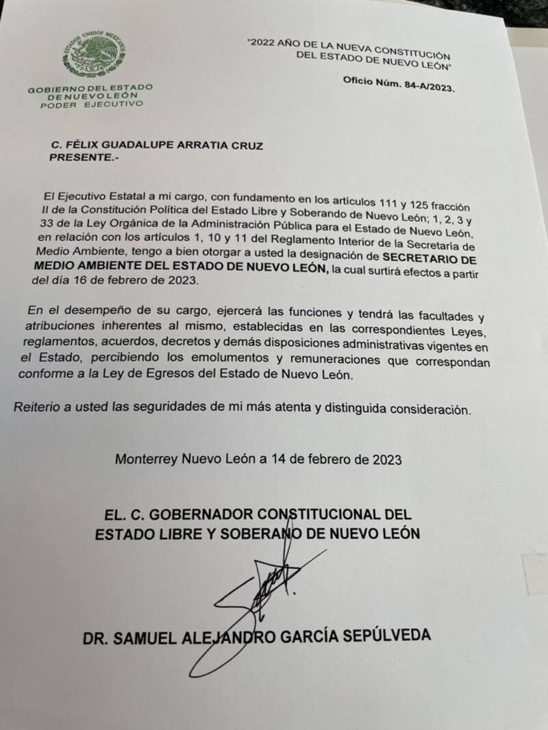 Samuel García informó a Félix Arratia sobre su nuevo cargo.