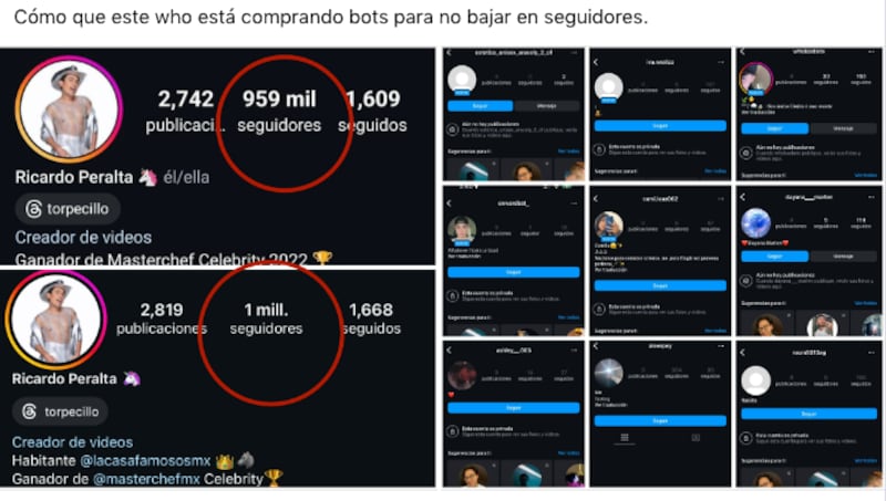 Publicación en Facebook que sugiere que Ricardo Peralta habría usado bots para aumentar su número de seguidores en Instagram