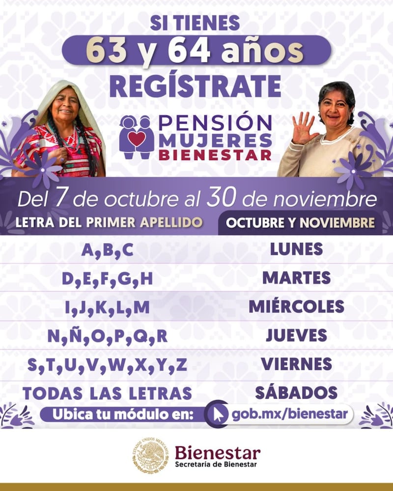 Calendario de registro para la Pensión Mujeres Bienestar