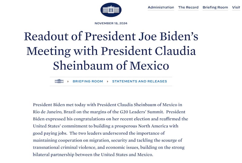 Comunicado de la Casa Blanca tras la reunión de Biden con Sheinbaum.