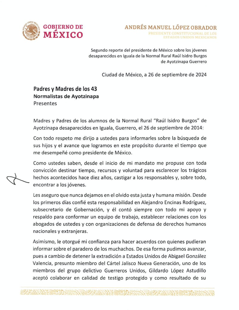 Carta de AMLO a madres y padres de Normalistas de Ayotzinapa