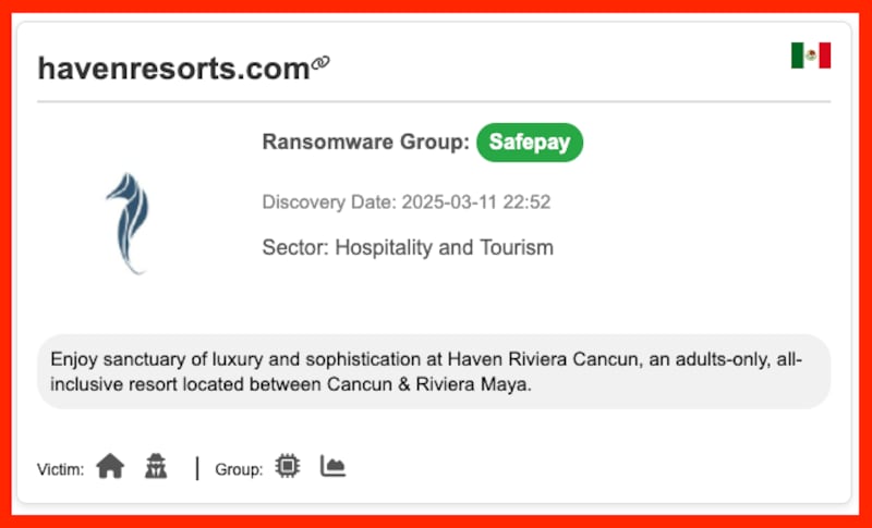 Publicación de Ransomware.live que sobre el anuncio de Haven Resorts como víctima de SafePay.