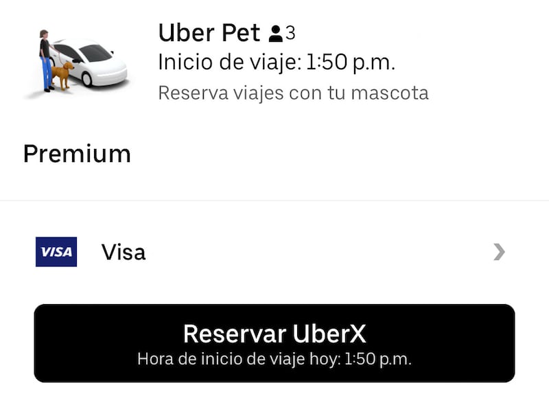 Solicitud de viaje en Uber Pet