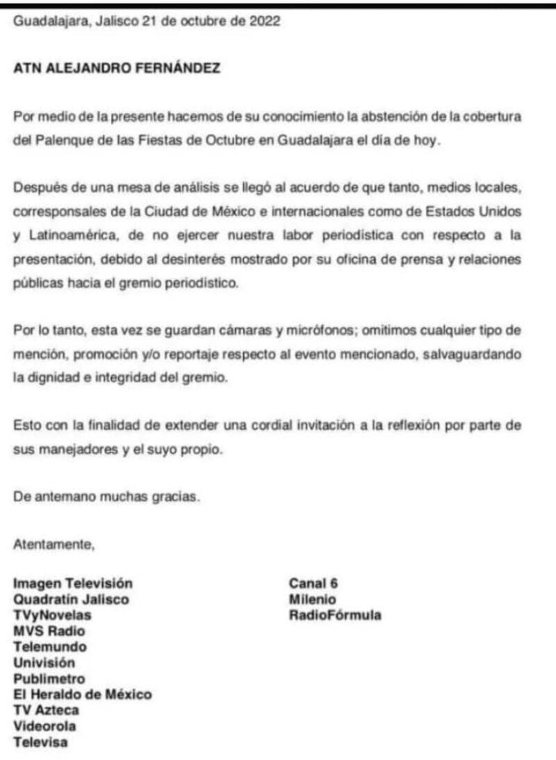 Las indirectas de Alejandro Fernández tras ser vetado por la prensa debido a su desinterés con el gremio (Comunicado)