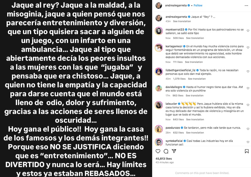 Comunicado de Andrea Legarreta en Instagram