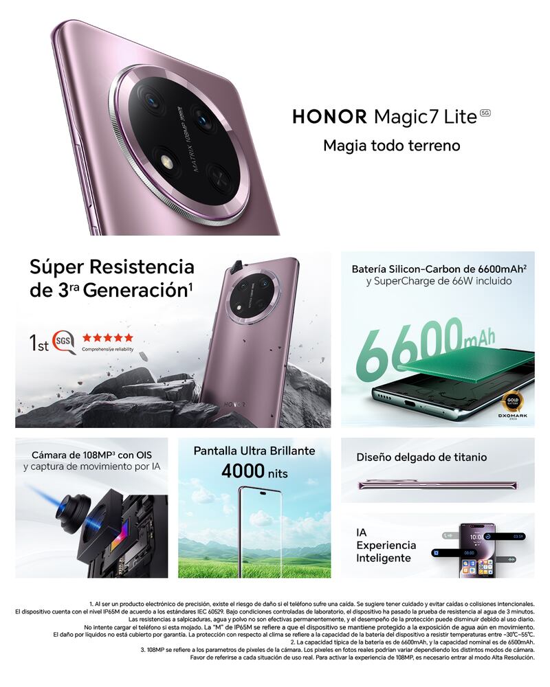 El nuevo Magic7 Lite no solo destaca por su batería de larga duración, almacenamiento y resistencia extrema, sino que también incluye hasta 24 meses de garantía en la batería y protección de pantalla por un año. Además, si eres de los primeros en adquirirlo, te llevas unos audífonos HONOR CHOICE gratis