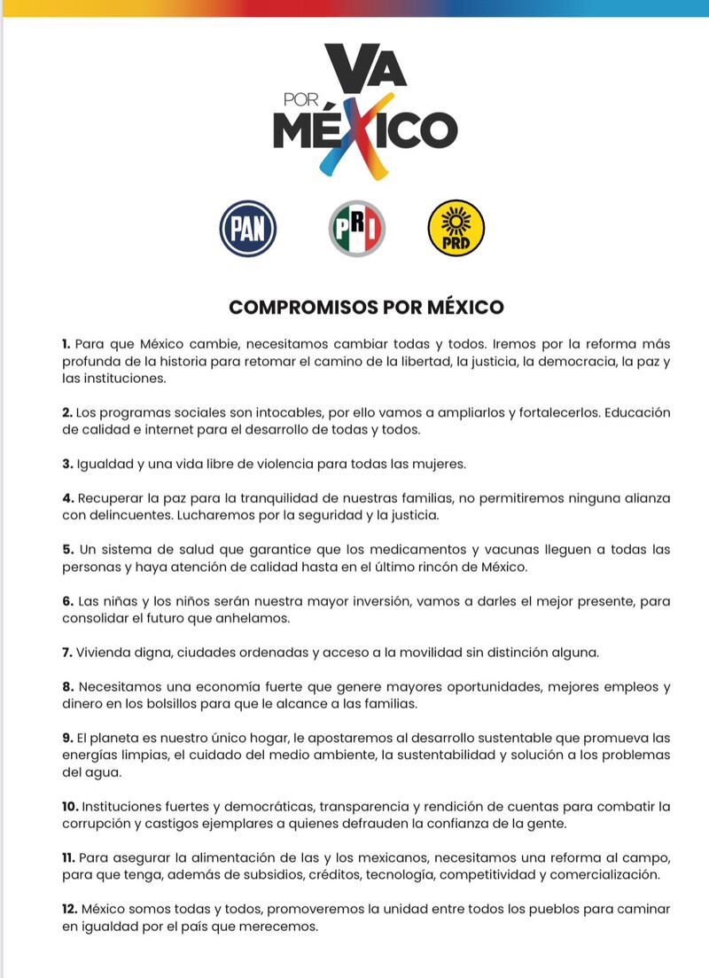 Compromisos de Va por México para las elecciones de 2024 (Cortesía / PRD)