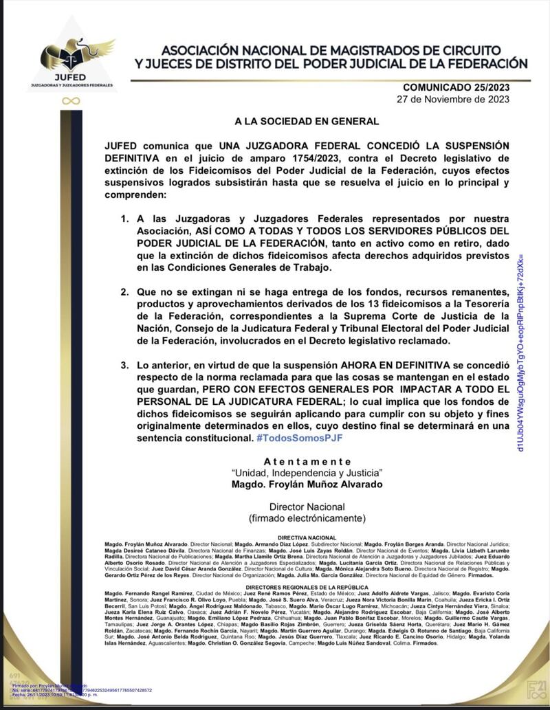 Amparo 1754/2023 contra el recorte de fideicomisos del PJF (Jufed)