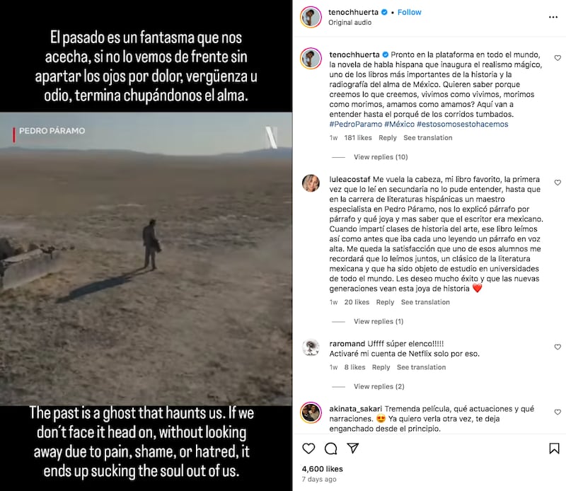 Publicación de Tenoch Huerta en Instagram