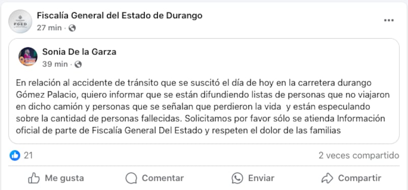 Choque de autobús de pasajeros en Durango deja varios muertos