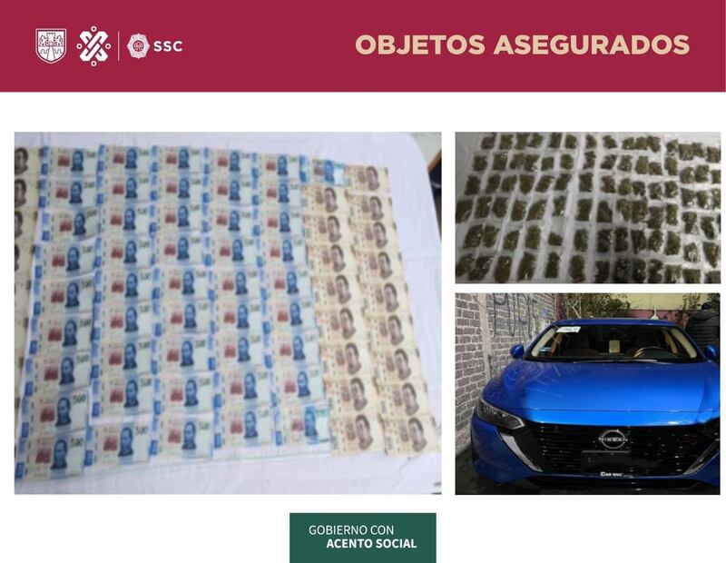 Objetos asegurados por la SSC tras capturar a presuntas falsificadoras de billetes.