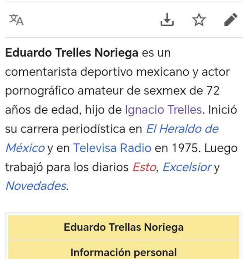 Así aparecía la descripción de Trelles en Wikipedia. Imagen: captura de pantalla.