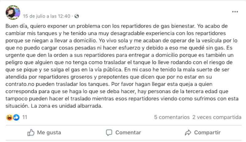 Gas Bienestar. Denuncias en redes sociales sobre la operación de Gas Bienestar. Debido a la confusión, muchos buscan organizarse con gaseros a través de grupos de WhatsApp y Facebook.