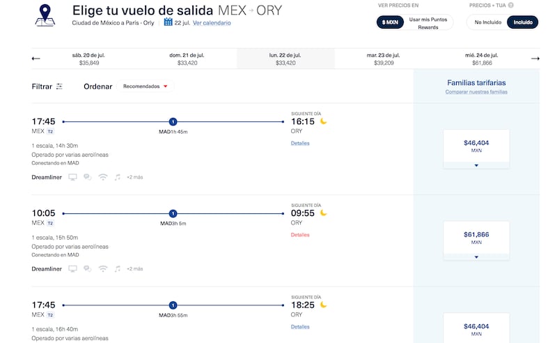 Lista de precios de vuelo sencillo del AICM al Aeropuerto de Orly en Aeroméxico.