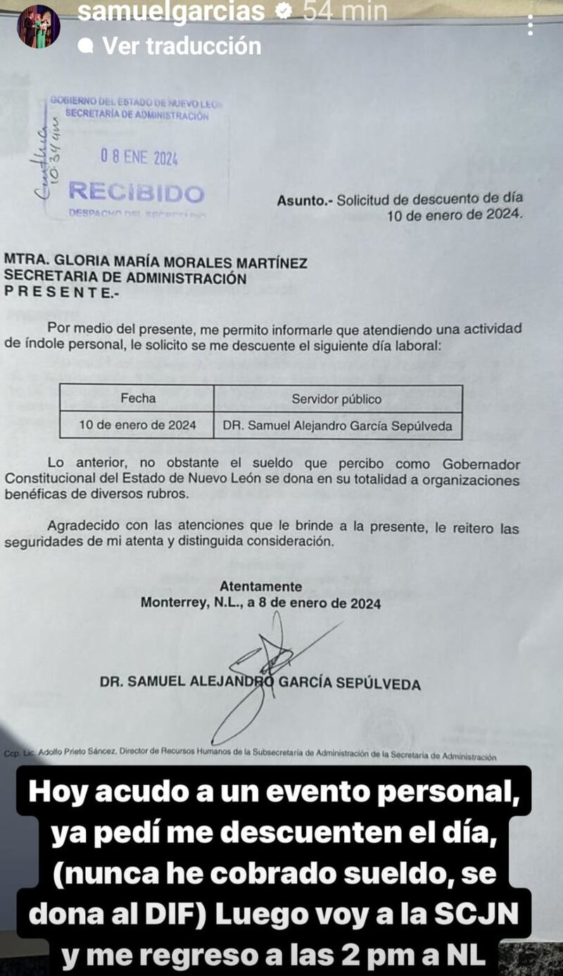 Este es el documento que envió el gobernador solicitando se le descuente el día.