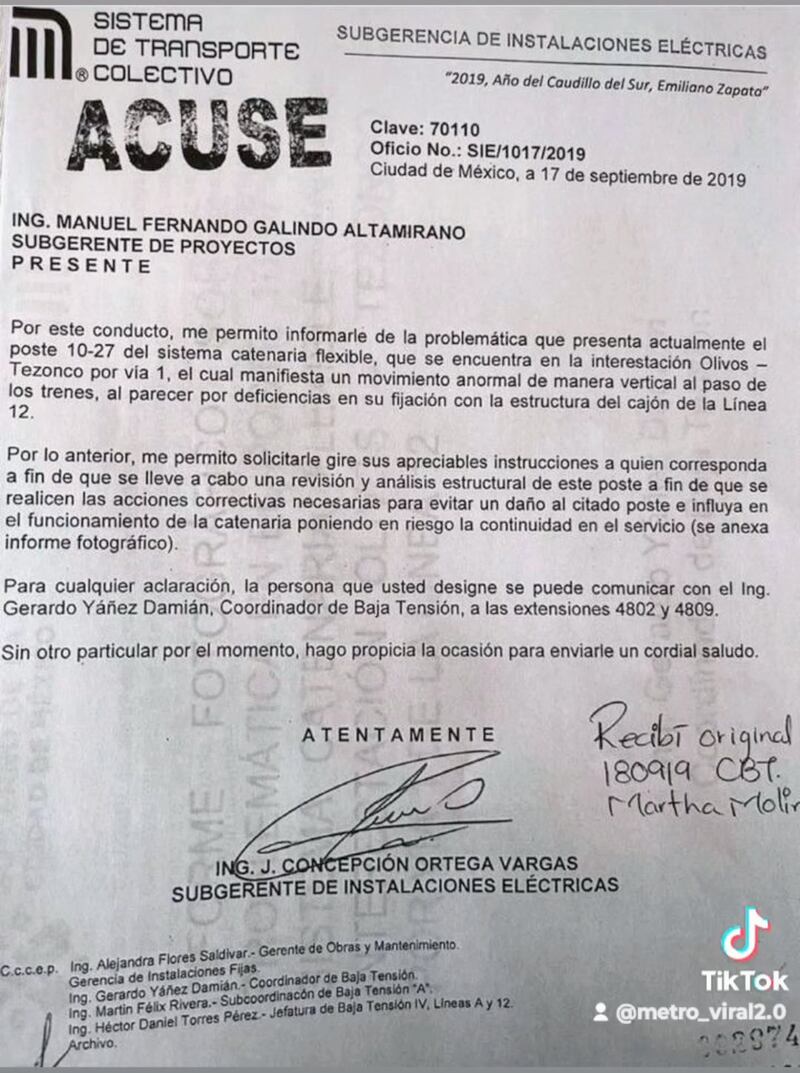 Documento de la presunta advertencia sobre tramo de la Línea 12 que colapsó en 2021.