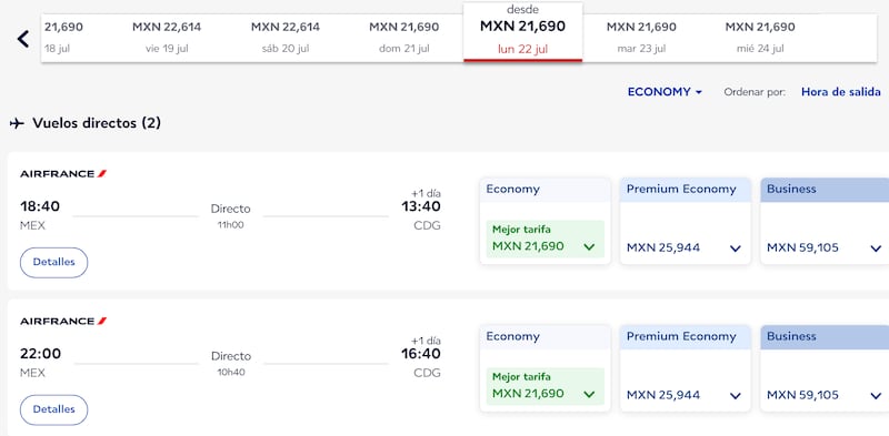 Lista de precios del AICM al Aeropuerto Charles de Gaulle del 22 al 24 de julio.