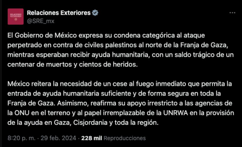 México condena eataque contra palestinos en la Franja de Gaza