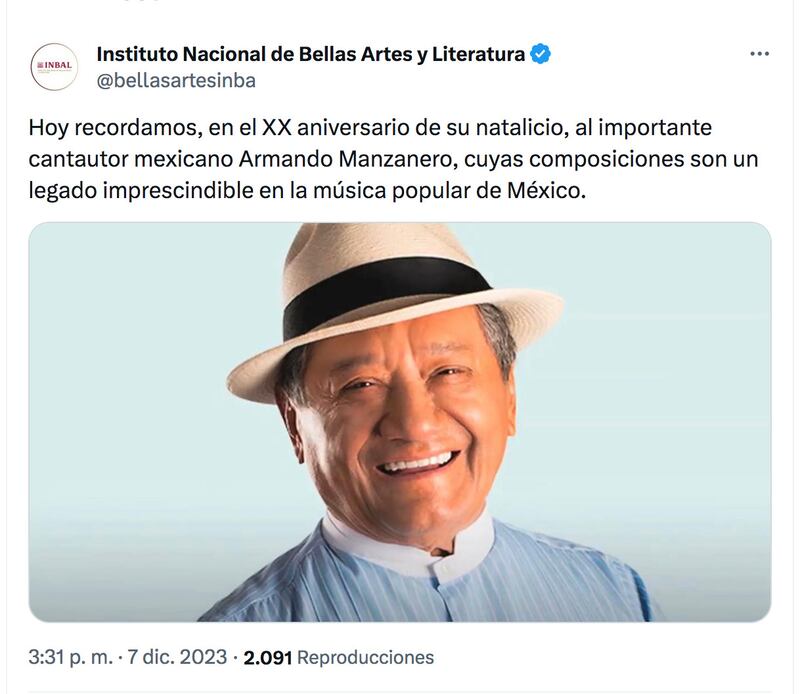 La cuenta oficial del Instituto Nacional de Bellas Artes y Literatura cometió el error en su cuenta oficial de X, antes Twitter